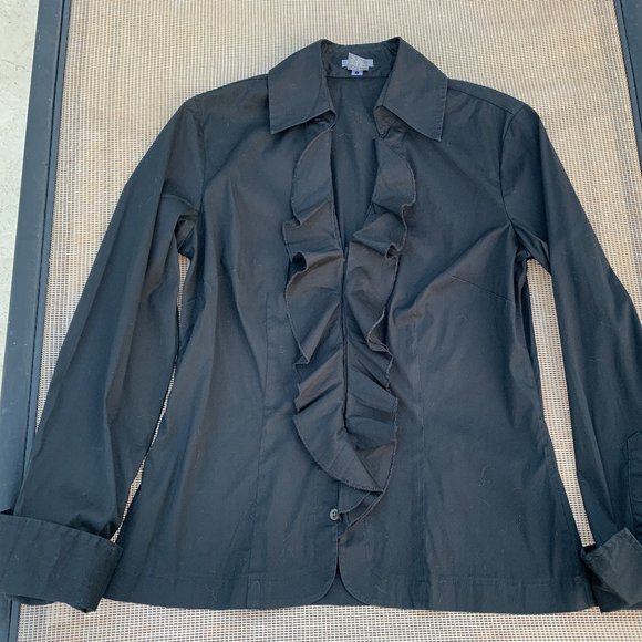Ann Taylor Front Ruffle Black Long Sleeve Top Sz 4